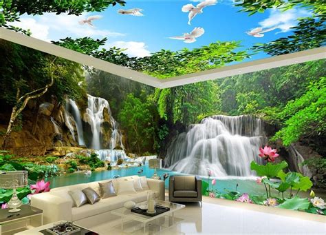 3d Mountain Waterfall Lilypad Lotus Entire Room Wallpaper Wall Mural