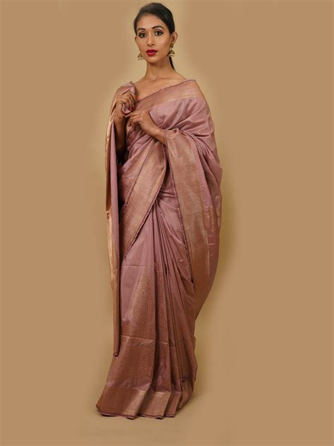 Subtle Onion Coloured Handwoven Katan Silk Saree With Copper Zari