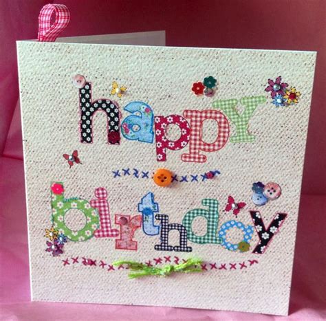 Birthday Card Printed Applique Design Hand Finished Greeting Card Fabric Postcards