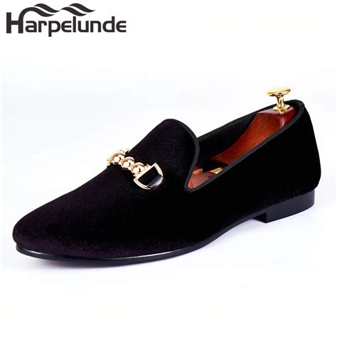Harpelunde Mens Wedding Shoes Buckle Strap Black Velvet Flat Loafers
