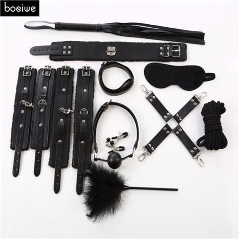 10pcs set fetish sex products erotic toys adult game leather restraints whip gag nipple clamps