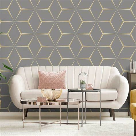 1 Grey Yellow 3d Geometric Wallpaper Glitter Shimmer Feature