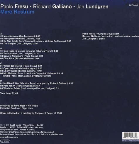 Paolo Fresu Richard Galliano Jan Lundgren Mare Nostrum Plak Opus3a