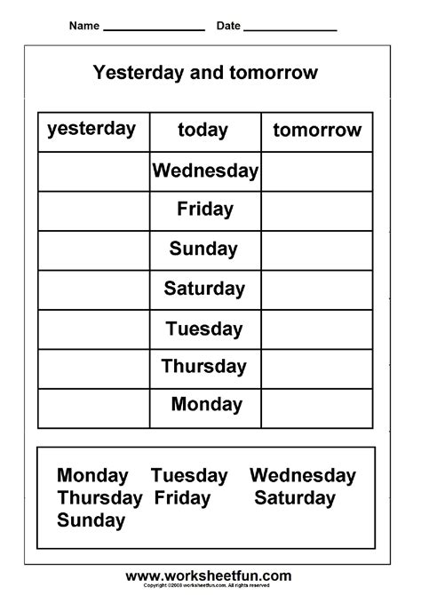 Days Of The Week Yesterday And Tomorrow 6 Worksheets Free