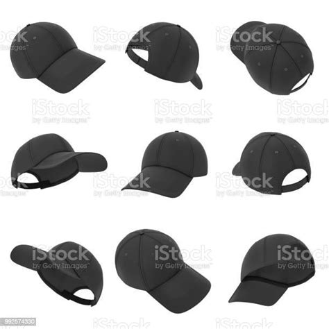 3d Rendering Of Many Black Baseball Caps Hanging On A White Background