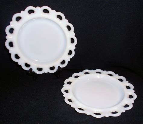 2 Vintage White Milk Glass Plates With Reticulated Lace Edge