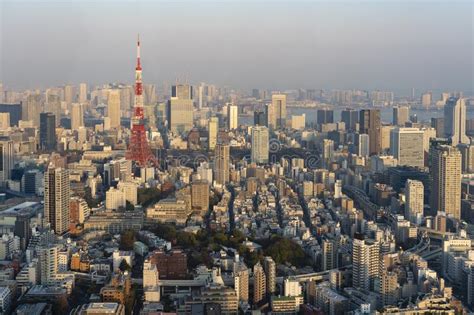 View Of Tokyo Tower And Surrounding Areas At Sunset Editorial Stock