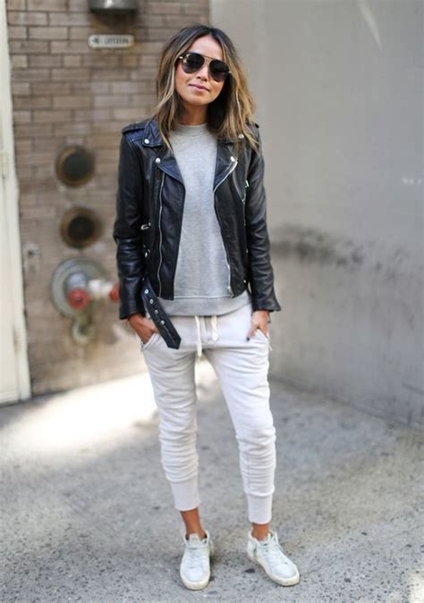 Grey White Sweatpants With Black Leather Jacket