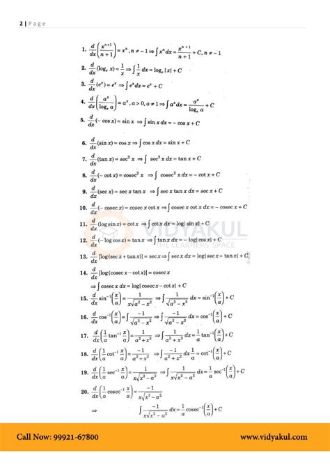 Class 12th Math Integrals Formulas Cbse 2023 Vidyakul