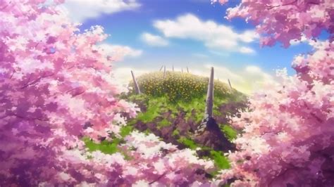 Clouds Cherry Blossoms Hills Anime Cherry Tree Sun Rays Sun