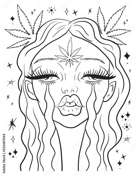 Beautiful Girl And Weed Leaf Coloring Page Vector Coloring For Adults