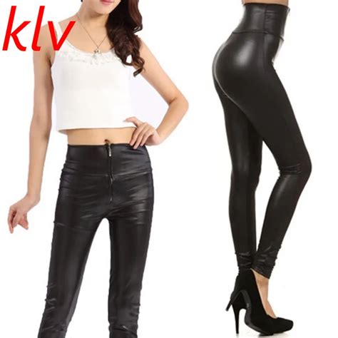 Women High Waisted Zipper Pencil Pants Black Faux Leather Legging With