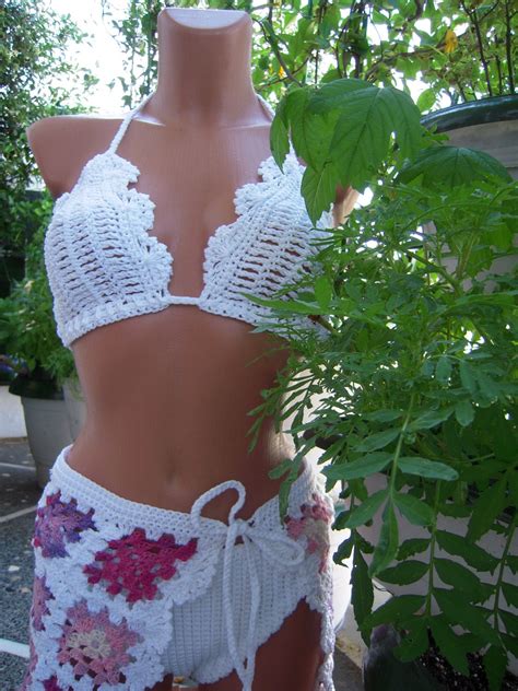 Crochet Bikini Set With Pareo In White Cotton Women