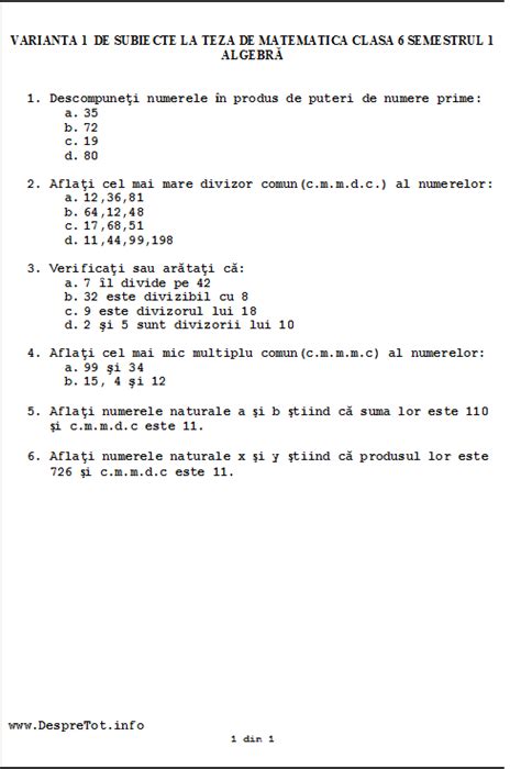 Teza Matematica Clasa 6 Sem 1 Varianta 1 Algebra