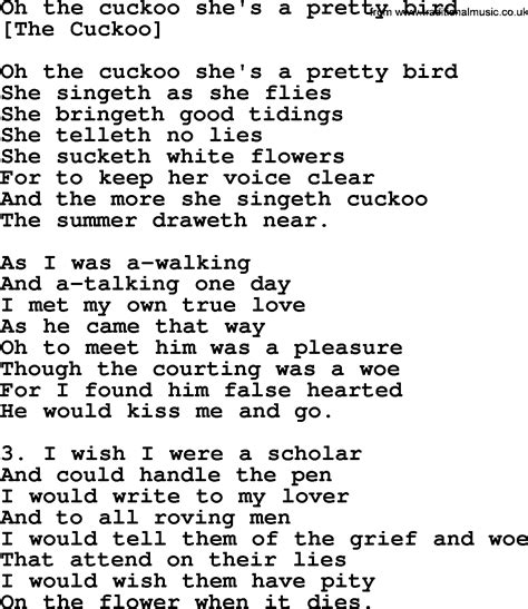 Old English Song Lyrics For Oh The Cuckoo Shes A Pretty Bird With Pdf