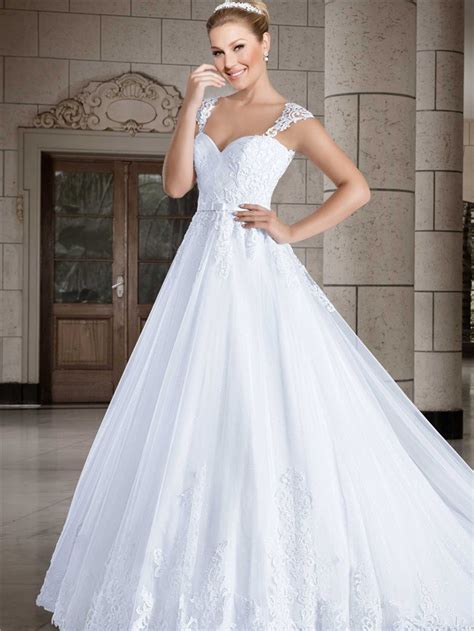 Ball Gown Sweetheart Cap Sleeve Straps Tulle Lace Wedding Dress Sheer