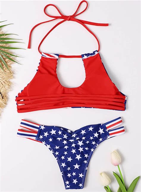 Womens Halter American Flag Bikini Keyhole Front 4th Of July Swimsuits Padded Two Piece