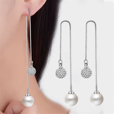 ZFVB Trendy Tassel Simulated Pearl Earrings For Women Sterling Silver Wedding Long Drop