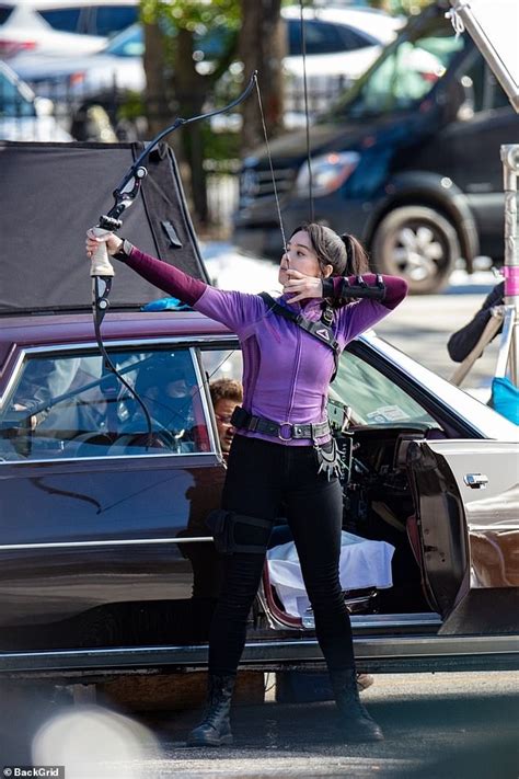 hailee steinfeld and jeremy renner see some action as they film disney series hawkeye in