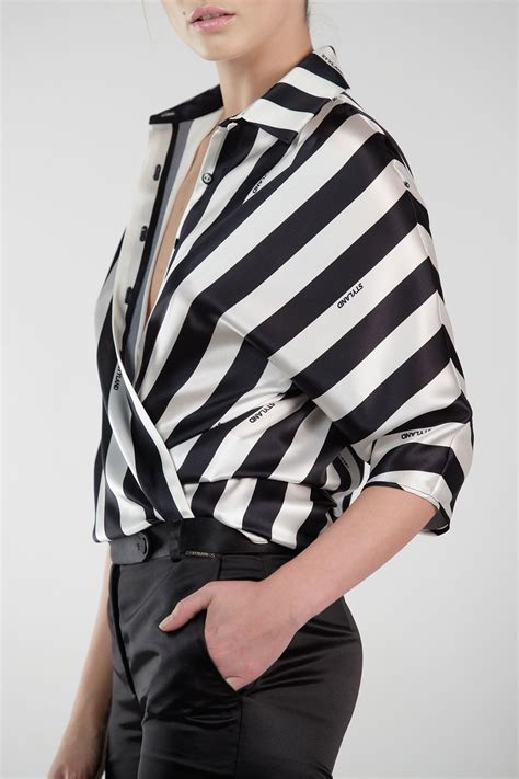 Bold Black And White Stripes Silk Shirt With Logo Styland