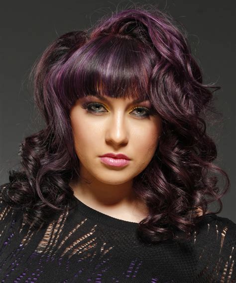 Medium Wavy Formal Hairstyle With Blunt Cut Bangs Purple Plum Hair Color