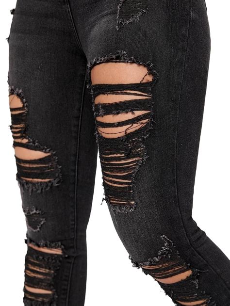 Women S High Waist Denim Pants Ripped Skinny Jeans Black Walmart Com