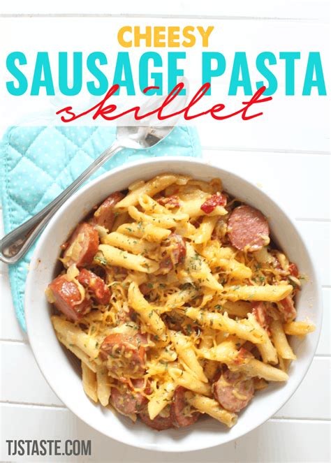 This quick pasta bake is comfort in a skillet. Sausage Pasta • Cheesy Sausage Pasta Skillet • TJsTaste.com