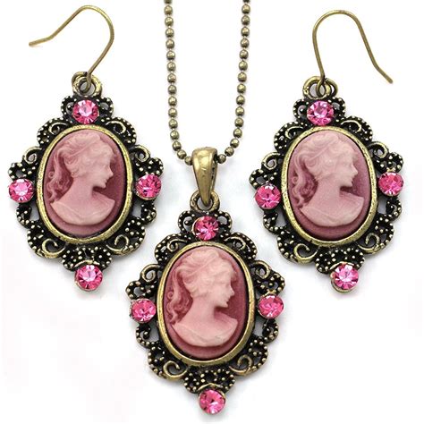 Pink Cameo Fashion Jewelry Set Necklace Pendant Dangle Drop Earrings