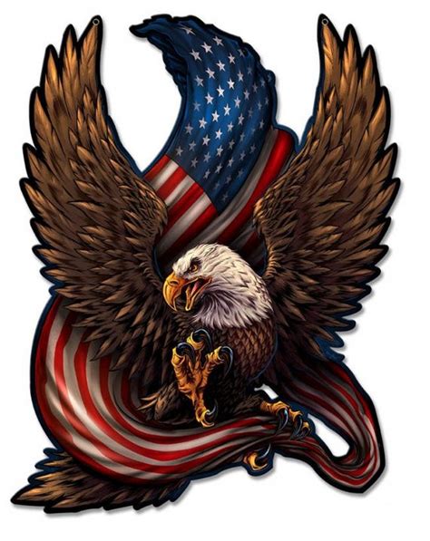 United States Bald Eagle And Flag Patriotic Art On Metal Sign Vintage