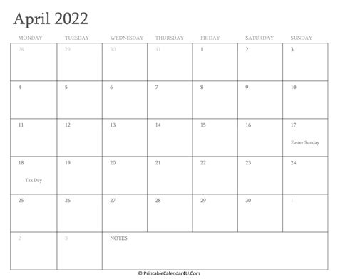 April 2022 Calendar With Holidays Printable Calendar Template 2022
