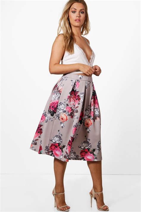 Womens Plus Floral Print Scuba Midi Skirt Multi 12 Scuba Midi