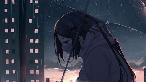 Скачать 1920x1080 девушка зонтик дождь грусть аниме обои картинки