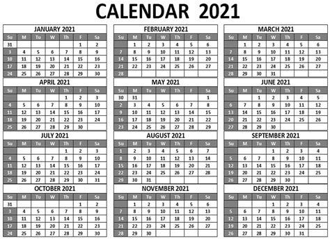 2021 12 Month Printable Calendar Free Buy 12 Month Large Print Wall