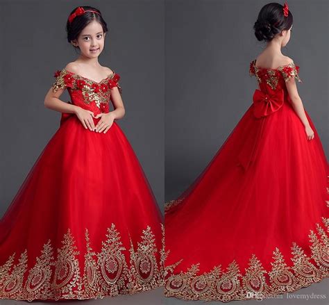 Red Off Shoulder Flower Girl Dresses Embroidered Lace Beaded Girls