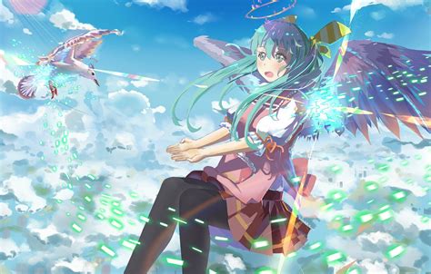 Wallpaper The Sky Girl Clouds Bird Wings Anime Art Vocaloid Hatsune Miku Halo Images
