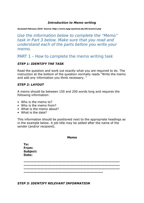 Introduction To Memo Writing Notes Task Introduction To Memo