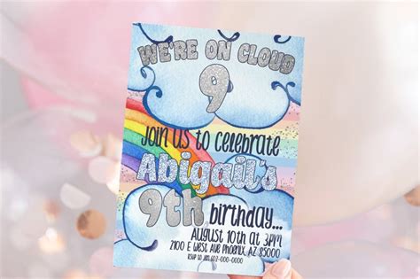 Cloud Nine Birthday Invitation Cloud 9 Rainbow Birthday Etsy