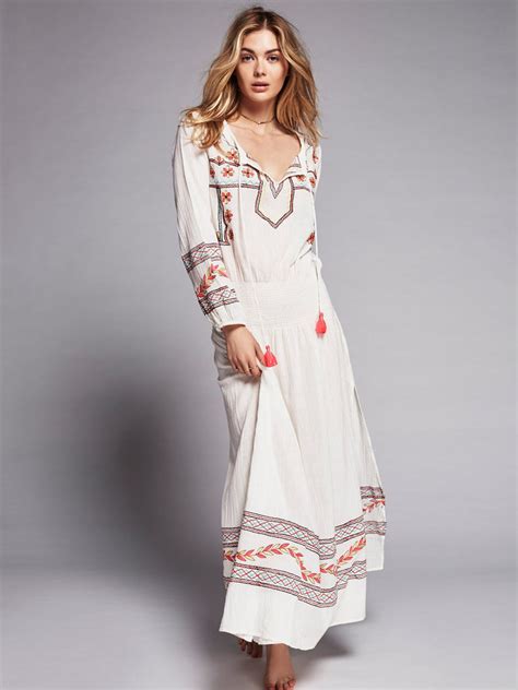 Embroidered Boho Maxi Dress Mystical White With Colorful Embroidery Made4walkin