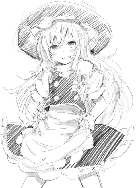 Chata Maru Irori Sabou Kirisame Marisa Touhou Apron Braid Greyscale Hat Long Hair