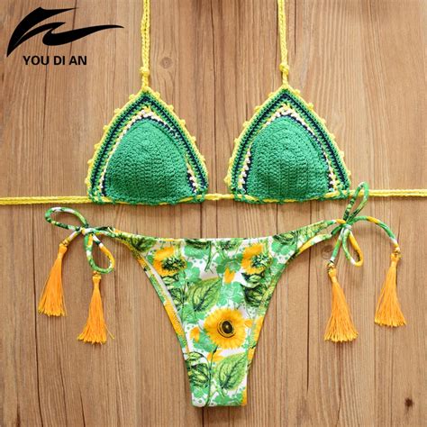Crochet Bikini Set 2017 New Women Bathing Suits Green Swimwear Low