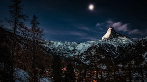 1600x900 Moon At Pick Of Winter Mountains 1600x900 Resolution Wallpaper