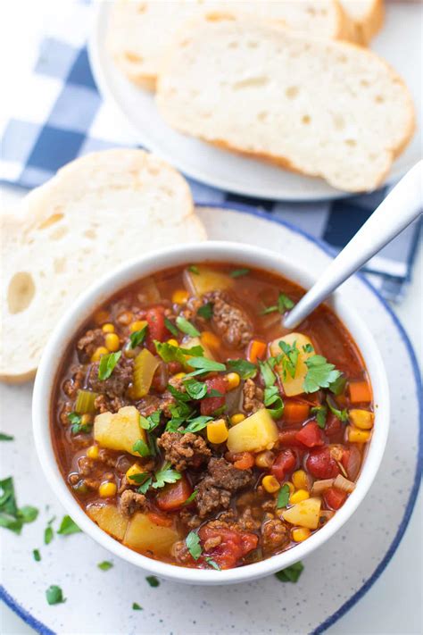 Salt, turmeric, mushrooms, fresh thyme, baking powder, salt, olive oil and 14 more. Easy Hamburger Soup Recipe (Ground Beef and Vegetable Soup!)