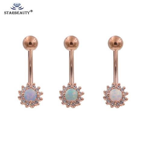 Rose Gold Navel Piercing Sex Fire Opal Rings Surgical Steel Barbell 16