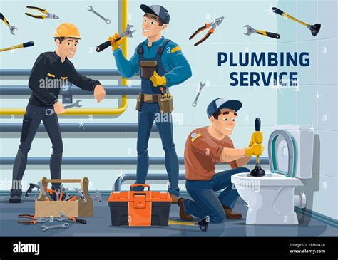 Plumbers With Work Tools Vector Characters Of Plumbing Repair And