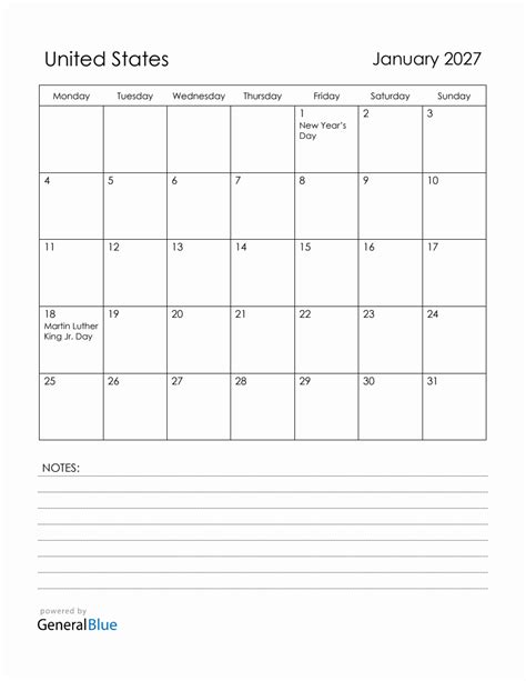 January 2027 United States Calendar With Holidays