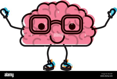 Brain Cartoon With Glasses And Calm Expression In Watercolor Silhouette
