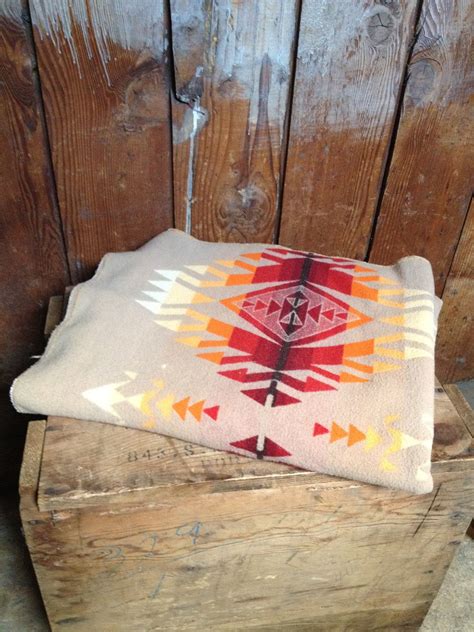 Vintage Pendleton Indian Blanket Tan Wool Native American Design