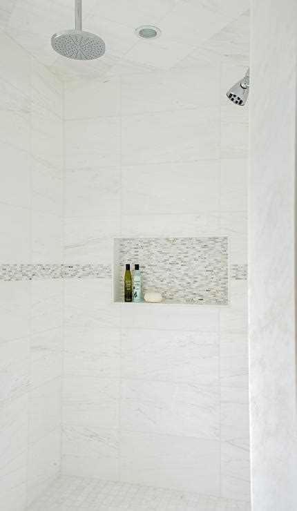 White Marble Shower Tiles With Gray Mosaic Border Accent Tiles