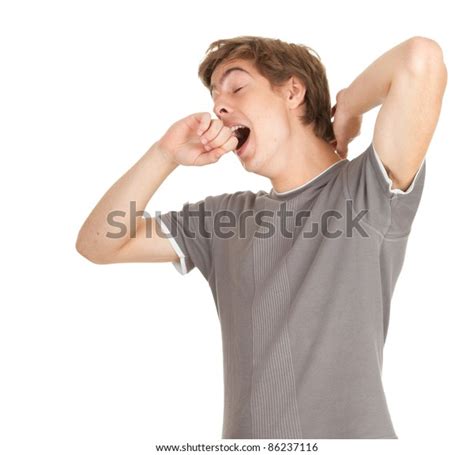 Standing Young Tired Man Yawning Stretching Stock Photo 86237116