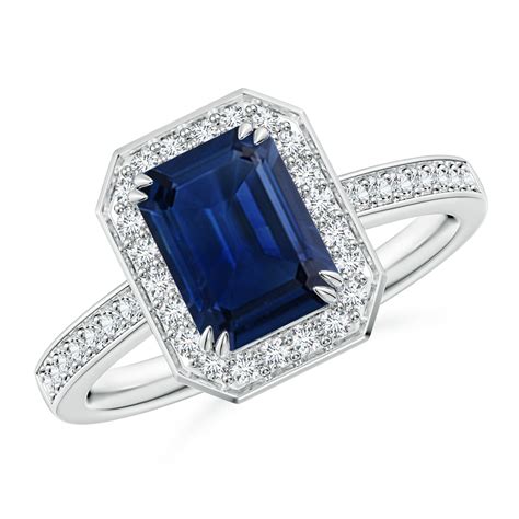 Emerald Cut Blue Sapphire Engagement Ring With Diamond Halo Angara Uk